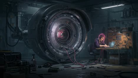 in a cutting-edge workshop illuminated by dim lights, an engineer meticulously works to repair complex technology during the night