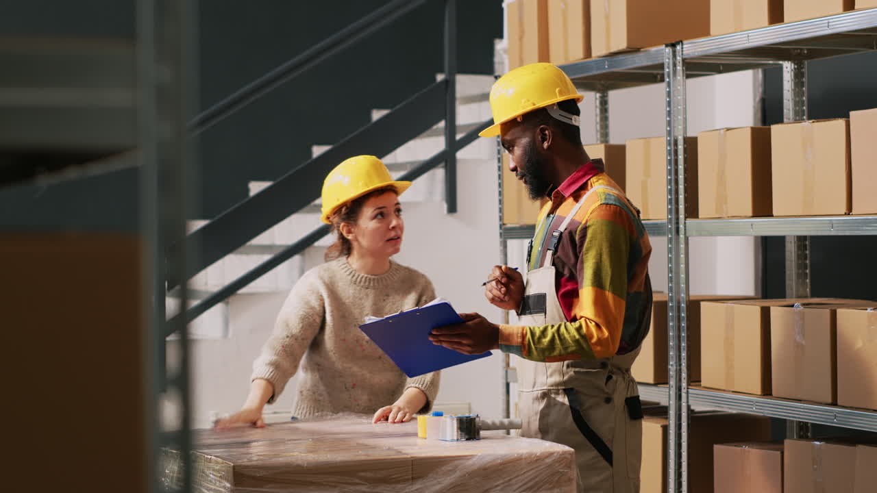 Warehouse workers checking inventory with clipboard