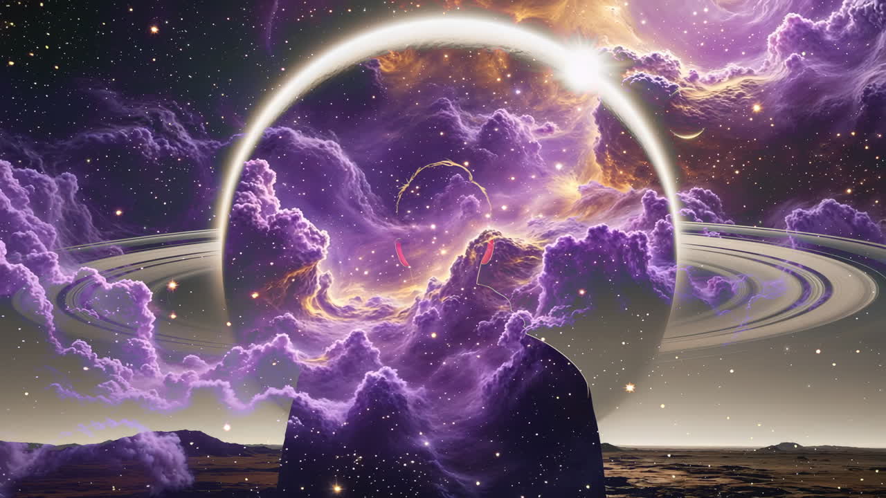 Ethereal Cosmic Landscape with Glowing Rings and Nebula