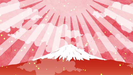 clip art of red background animation, landscape of mt. fuji and clouds with halo shining.
