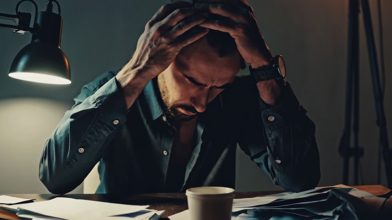 hombre estresado en el trabajo por la noche