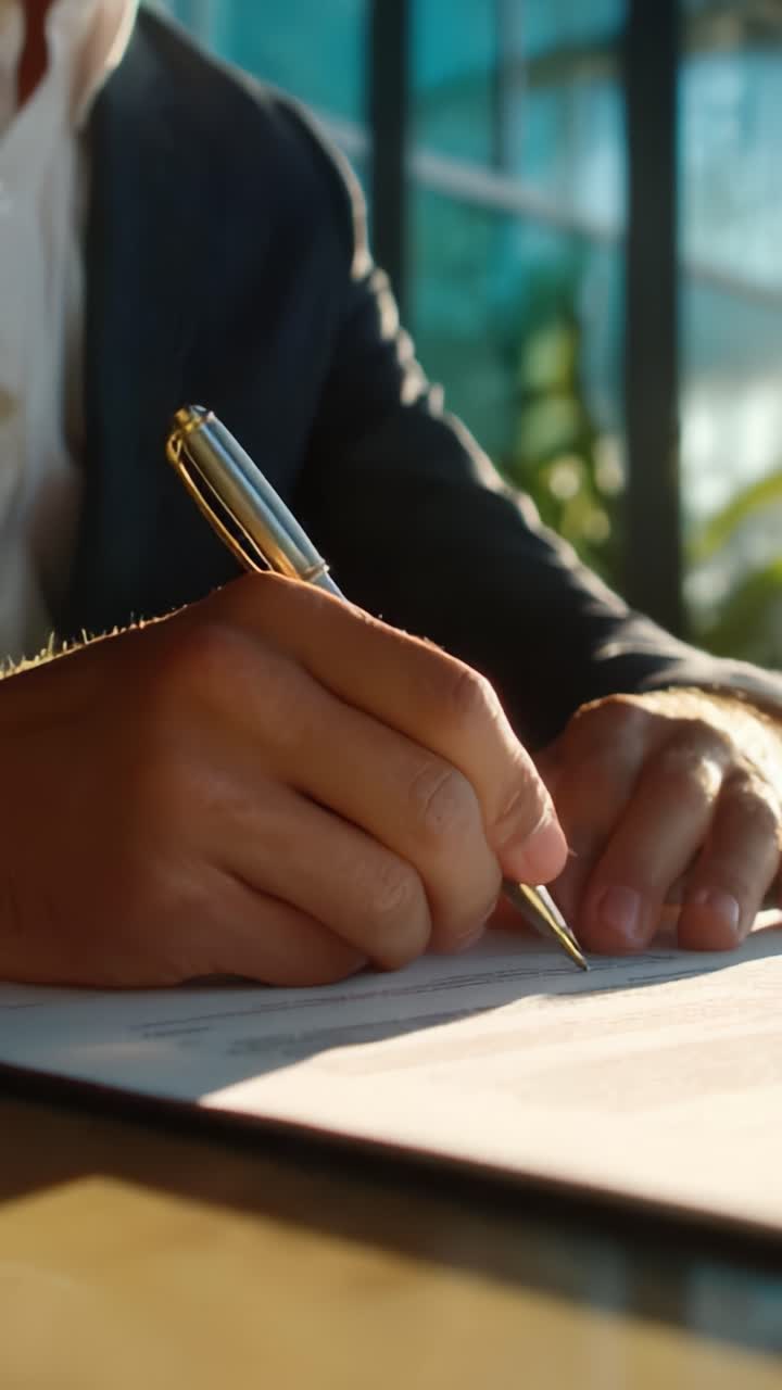 Professional Hand Writing on Document with Pen in Modern Office Setting, Emphasizing Focused Attention and Commitment to Important Tasks and Processes