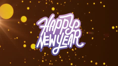 animation of happy new year text over glowing spots falling