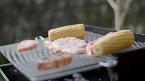 close-up of hot barbecue grill with corn, meat and sausages