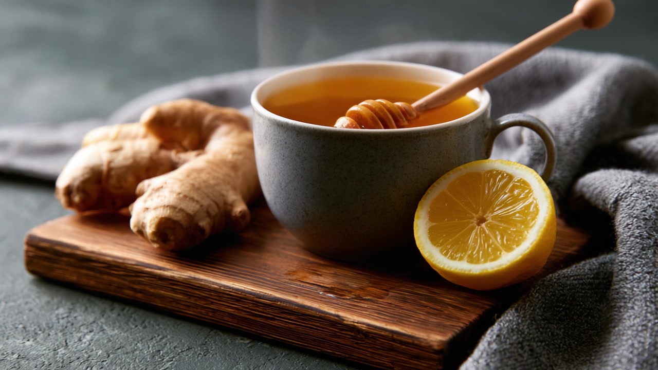 Una tazza accogliente di tè allo zenzero con miele: una bevanda calda e invitante con limone, radice di zenzero fresca e un mestolino di legno per il miele su un tagliere di legno rustico.