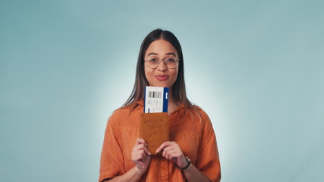 happy woman in studio with passport