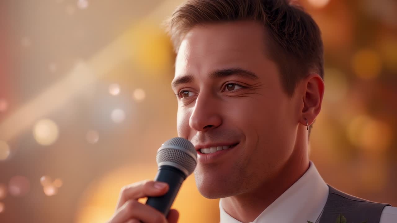 Smiling groom on cue, holding mic and delivering wedding toast at reception, in vest, flower pin
