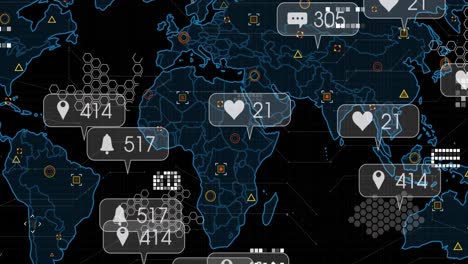 Animation-Von-Social-Media-Symbolen,-Die-Vor-Schwarzem-Hintergrund-über-Der-Weltkarte-Schweben