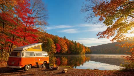 a cozy autumn retreat: vibrant fall colors reflecting on a serene lakeside with a classic camper van and campfire