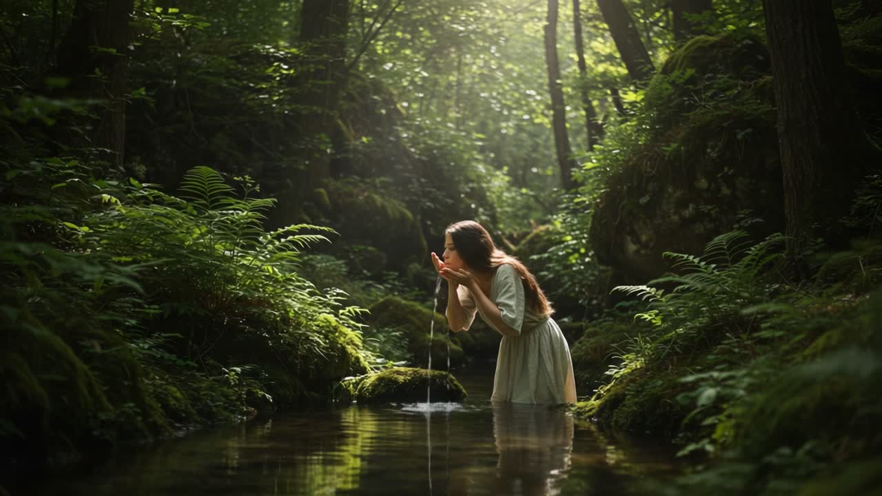 A Serene Moment in Nature: A Woman in a Flowing Dress Composes in Tranquil Waters Surrounded by Lush Greenery and Soft Sunlight Filtering Through Trees