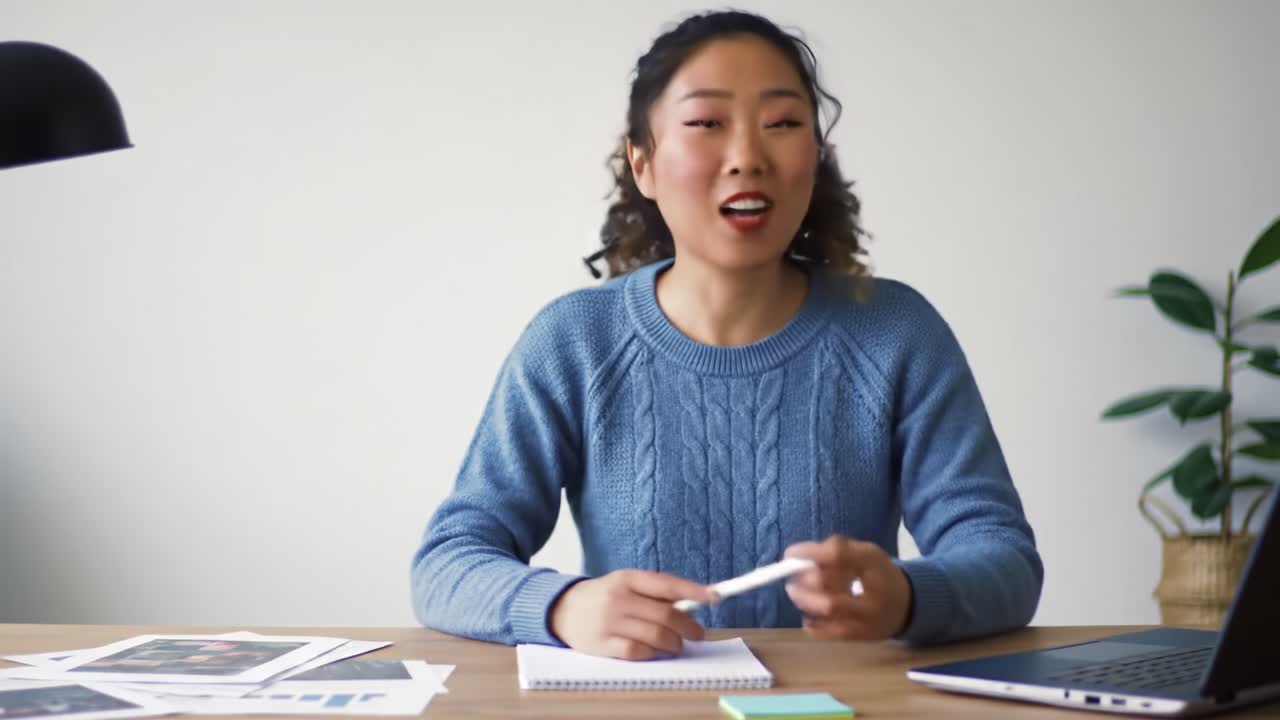A confident individual sits at a desk, gesturing and engaging in conversation while discussing ideas, with materials and a laptop in the background, showcasing a collaborative work environment