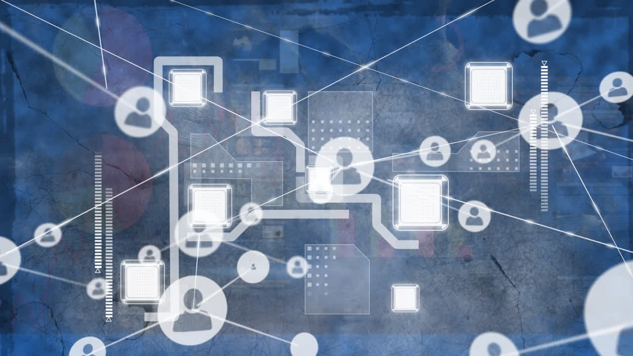 animación de la red de conexiones con iconos sobre el procesamiento de datos