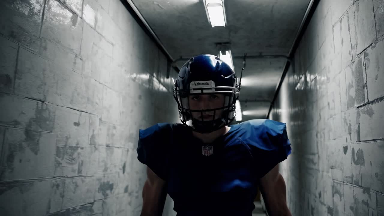 Young, confident American football player wearing a helmet and pads, walking down a concrete corridor toward the field, exuding determination and readiness for the upcoming game