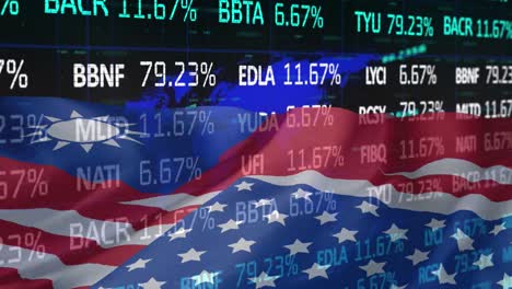 animation of financial data processing over flags of taiwan and usa