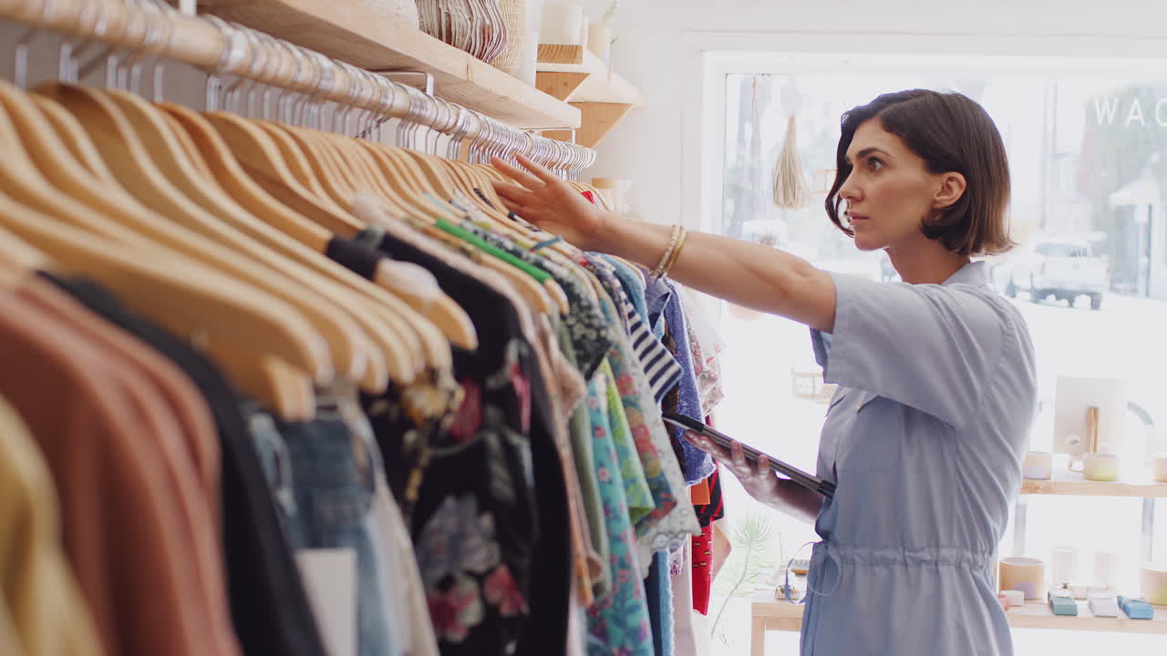propietaria de una tienda de moda que utiliza una tableta digital para comprobar las existencias en las barandillas de la tienda de ropa