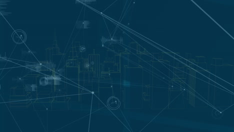 animación de puntos conectados con líneas e iconos de gráficos sobre un modelo 3d de ciudad sobre un fondo abstracto