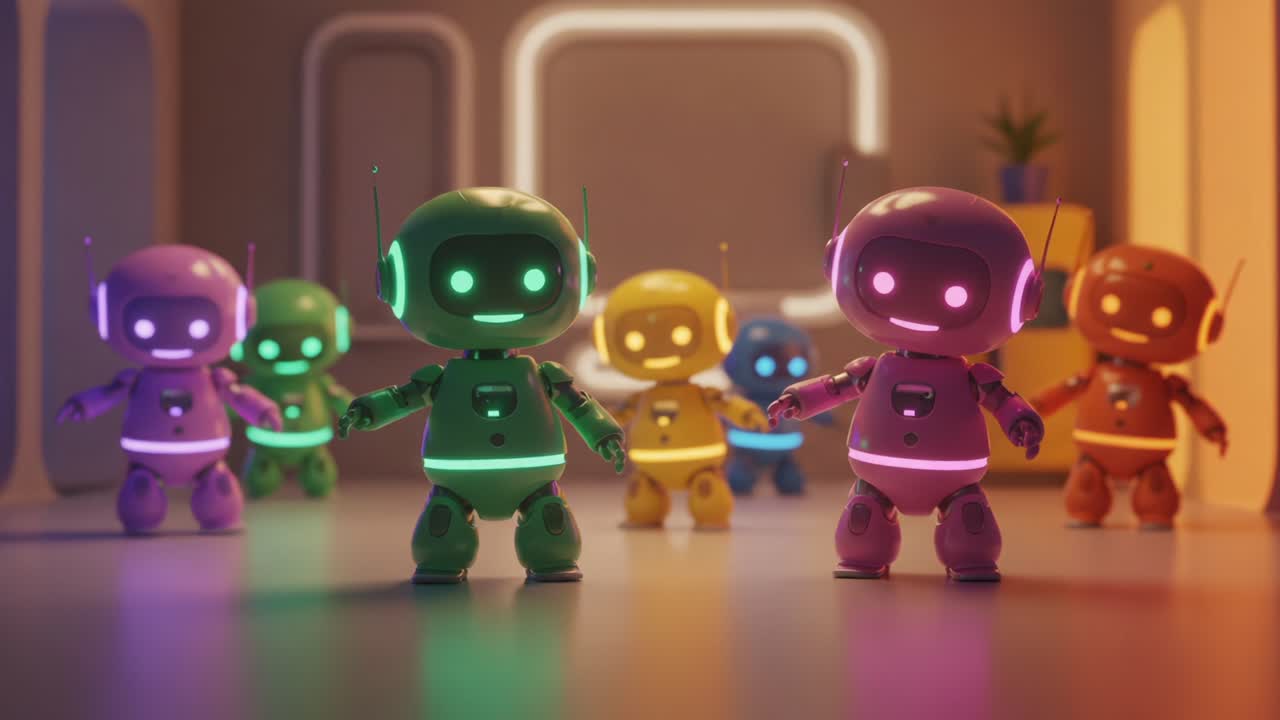 A Vibrant Gathering of Playful Robots: Colorful Bots Engaging in Joyful Interaction, Showcasing Their Unique Characteristics and Lively Personalities in a Modern Setting