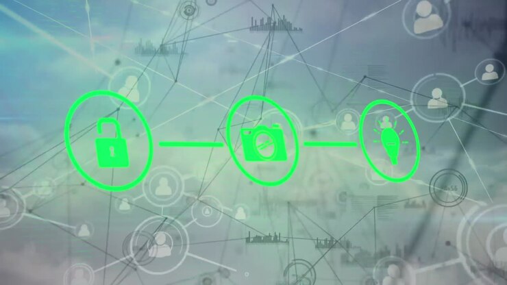 Animation af netværk af forbindelser med ikoner og databehandling over himmel