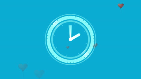 neon ticking digital clock against multiple heart shaped balloons falling on blue background