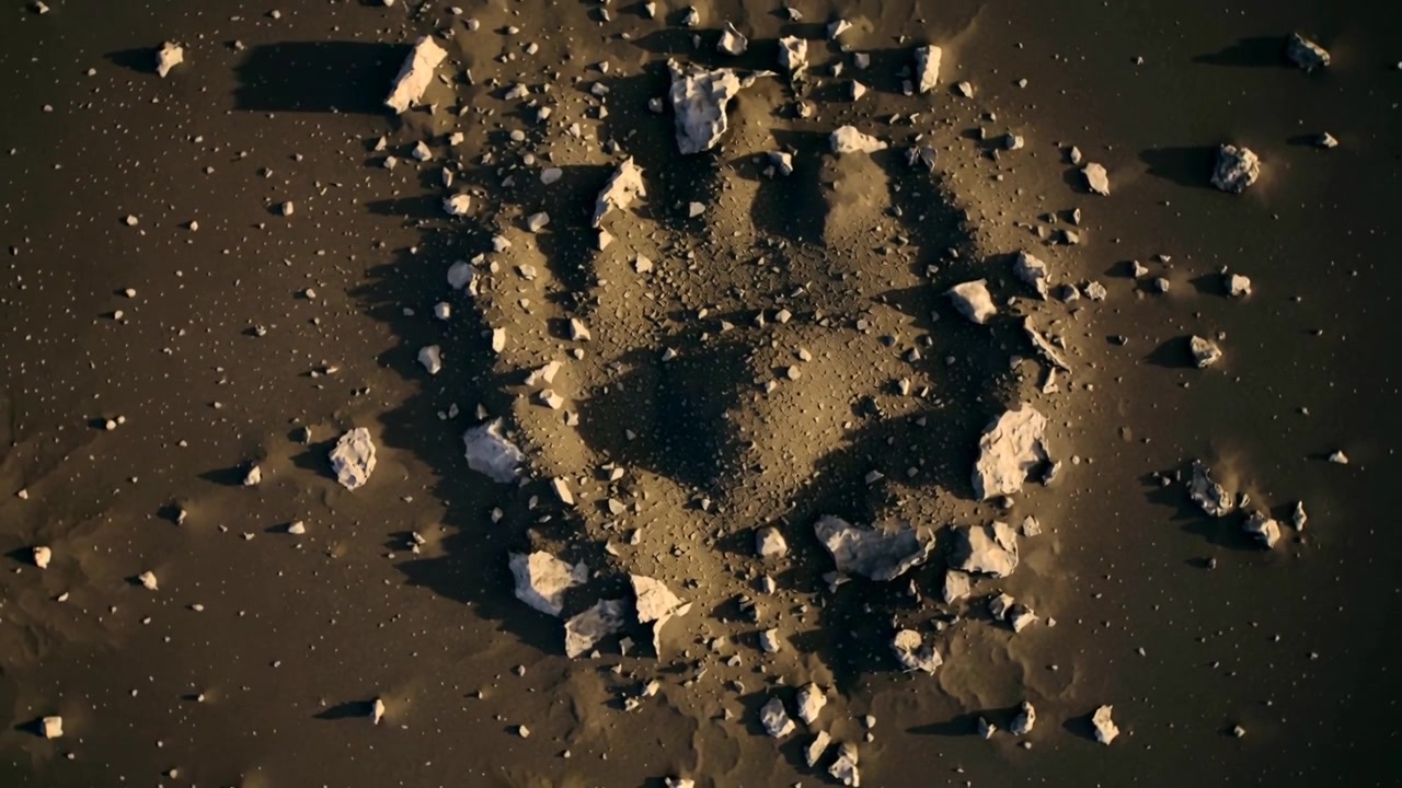 La telecamera si allontana rivelando un cratere con bordo rialzato e rocce su una pianura scura, con un'ombra rettangolare.