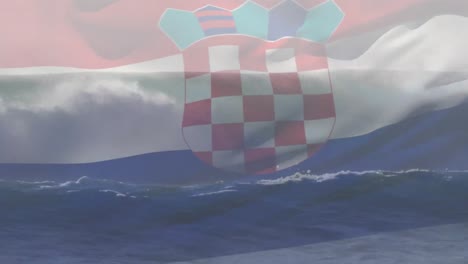 Animation-Der-Flagge-Kroatiens,-Die-über-Tosenden-Wellen-Im-Meer-Weht