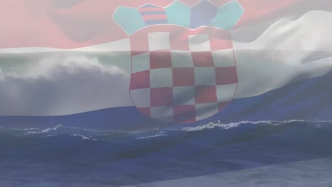 Animación-De-La-Bandera-De-Croacia-Ondeando-Sobre-Las-Olas-Rompientes-En-El-Mar.