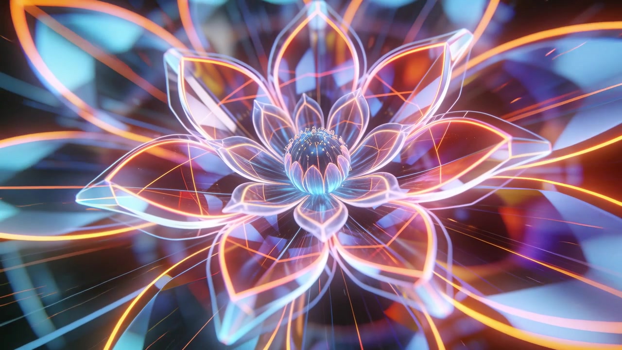 Fiore di loto al neon che ruota, espandendosi in uno studio buio, emettendo particelle e rivelando il nucleo