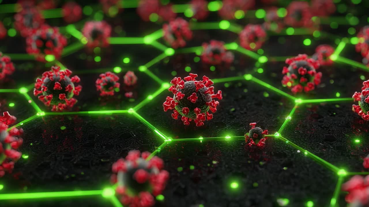 A Close-Up Visualization of Viral Structures Interacting with a High-Tech Green Hexagonal Matrix, Showcasing Detailed Microbial Patterns and Cellular Activity