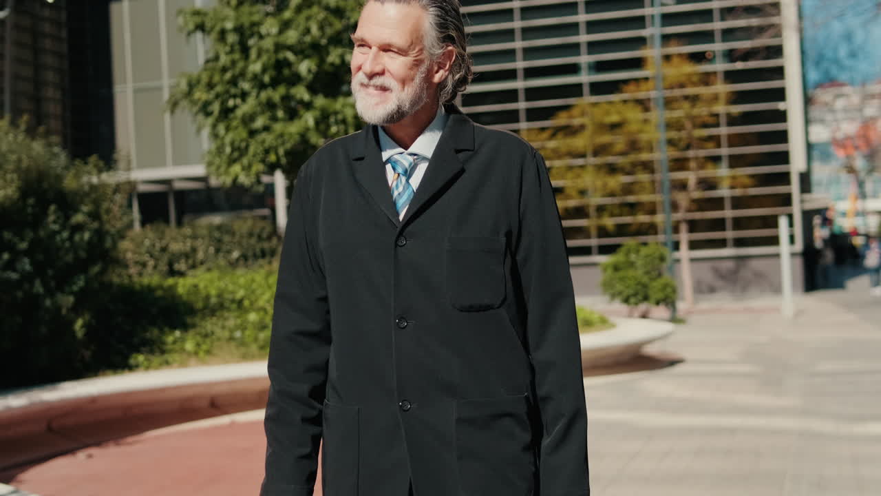 Businessman Enjoys Coffee Outside Office Building
