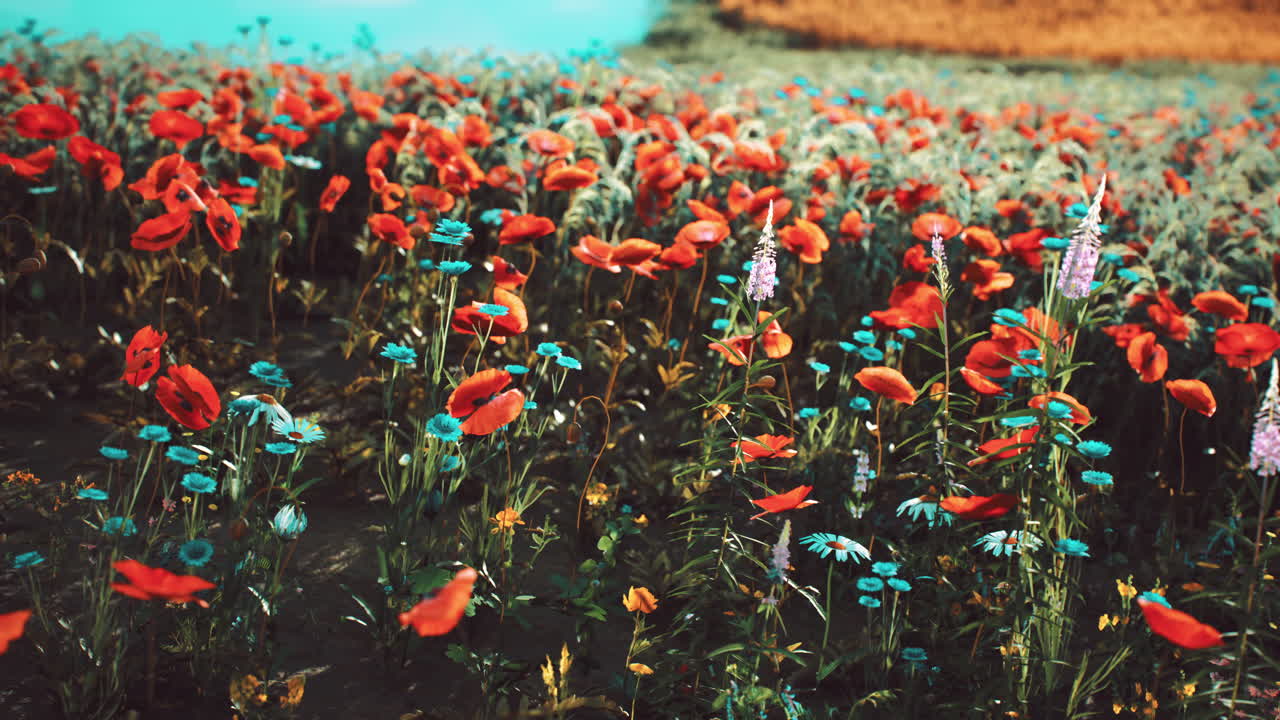 은 포피와 파란 꽃이 피는 봄에 활기찬 야생 꽃