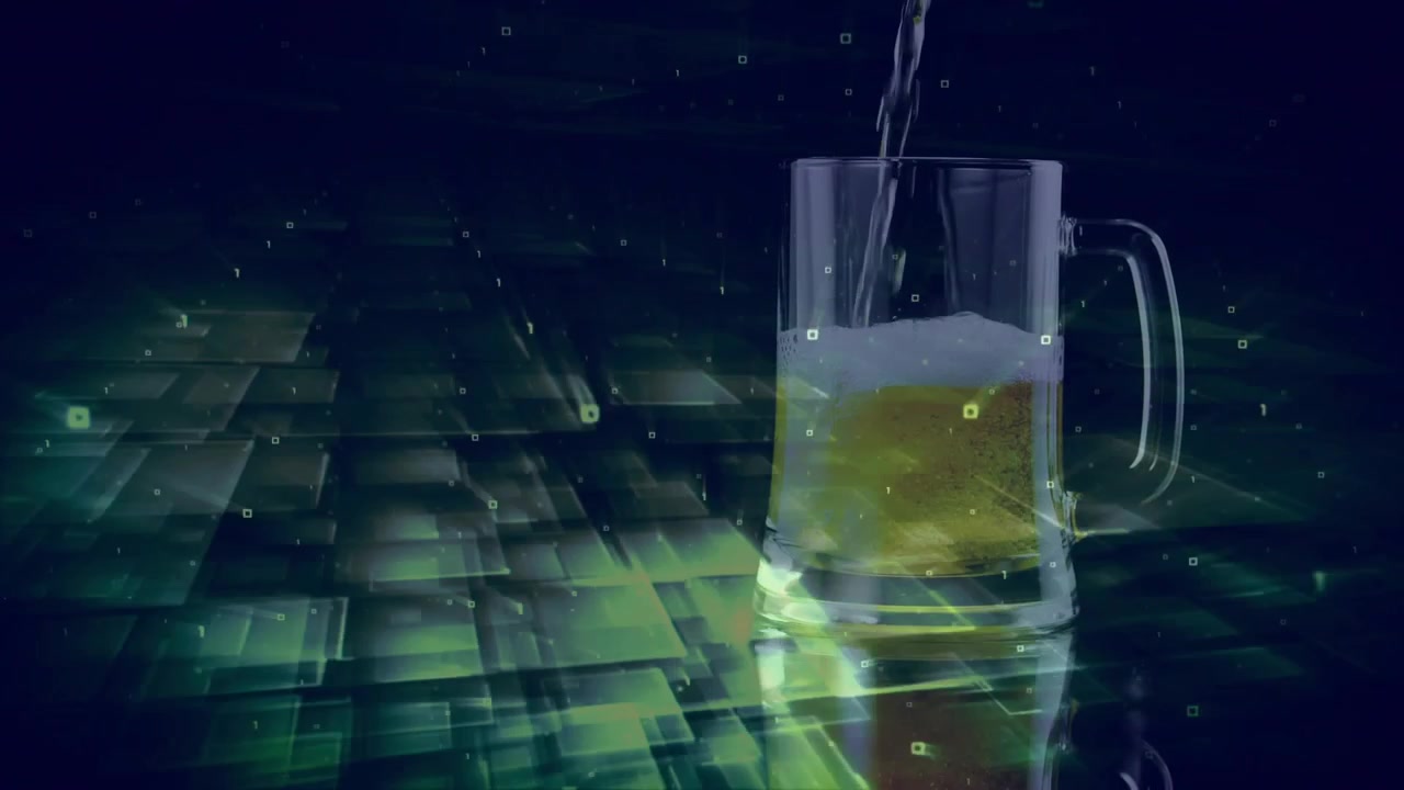 All'inizio del versamento, un flusso di liquido si riversa in una tazza, mostrando il riempimento della bevanda e una griglia digitale pulsante.