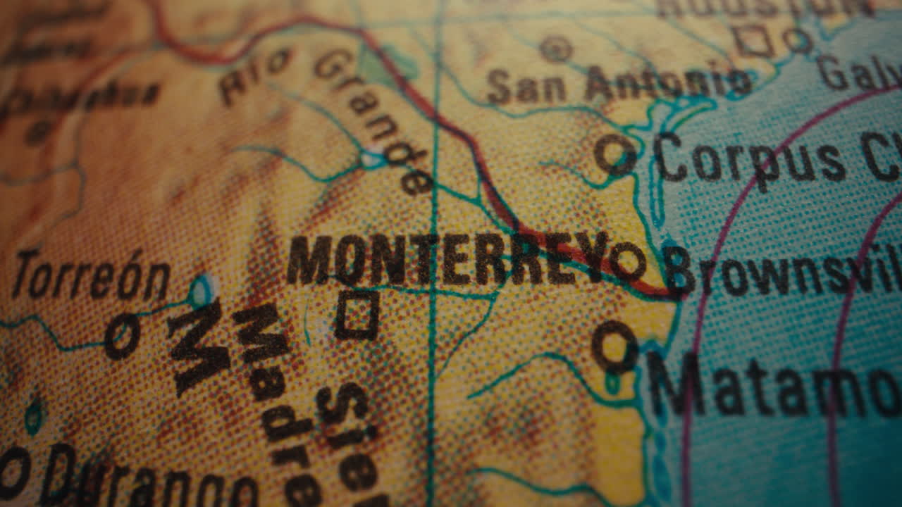 Close-up of a map showing Monterrey, Mexico and surrounding areas