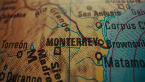 close-up of a map showing monterrey, mexico and surrounding areas