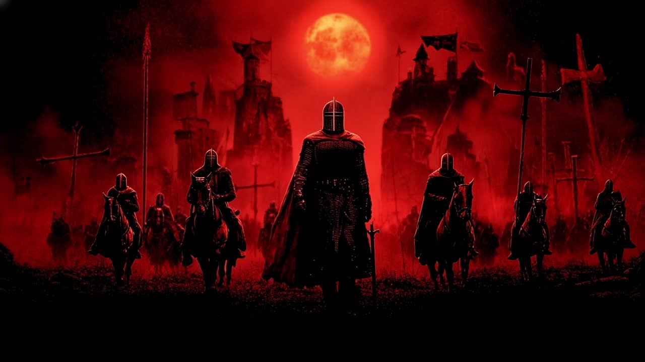 Dark fighters march through destruction shadowed leaders steer armored troops toward ruins