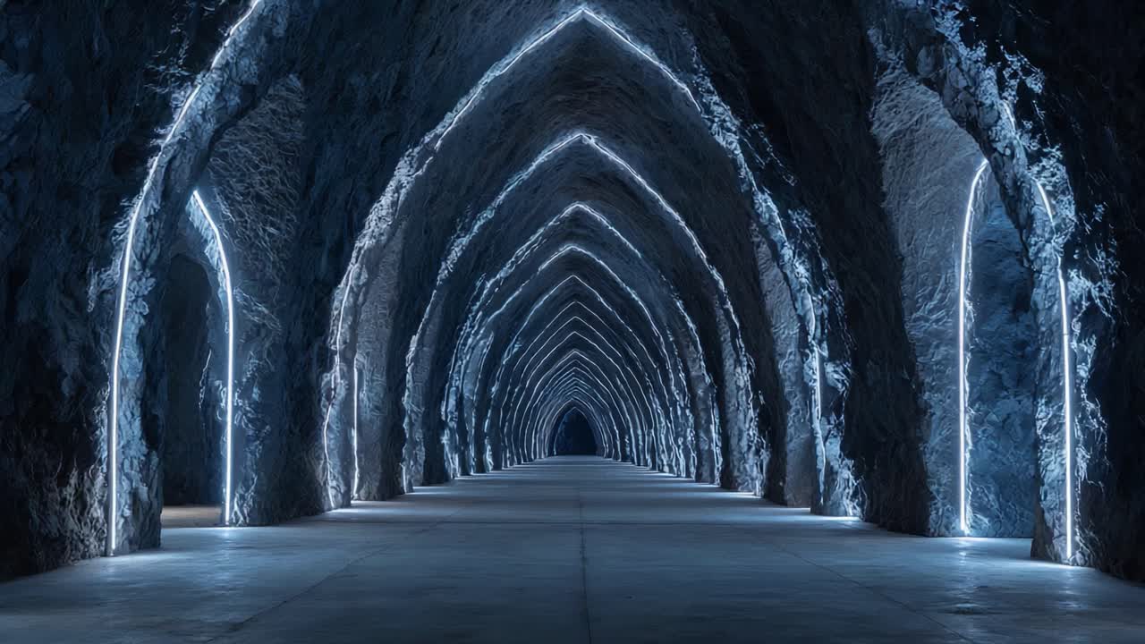 A Mystical Underground Passageway Illuminated by Soft Blue Light, Showcasing an Awe-Inspiring Rock Formations and Arched Ceilings, Creating a Surreal and Enigmatic Atmosphere