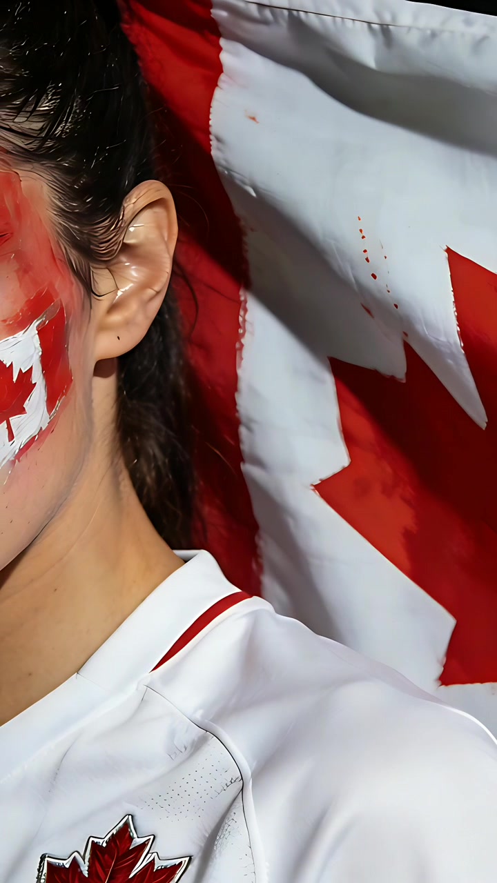 Video vertical: Cámara moviéndose mostrando a un fan posando con equipación en el set, mostrando la bandera canadiense, con espacio para texto.