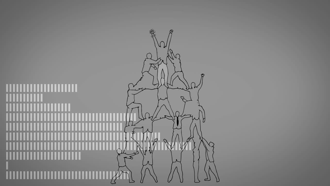 Forming human pyramid, silhouettes with abstract bar graph, animation concept