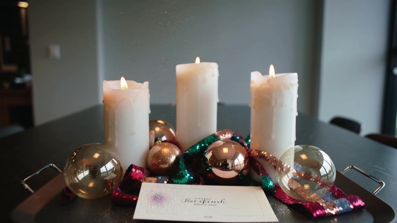 Câmera recuando, mostrando três velas acesas em uma bandeja preta na sala de jantar, revelando uma luminária e uma porta.