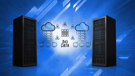 animación de servidores con texto de big data e iconos sobre fondo azul
