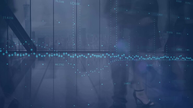 Animation of statistics and data processing over businesspeople