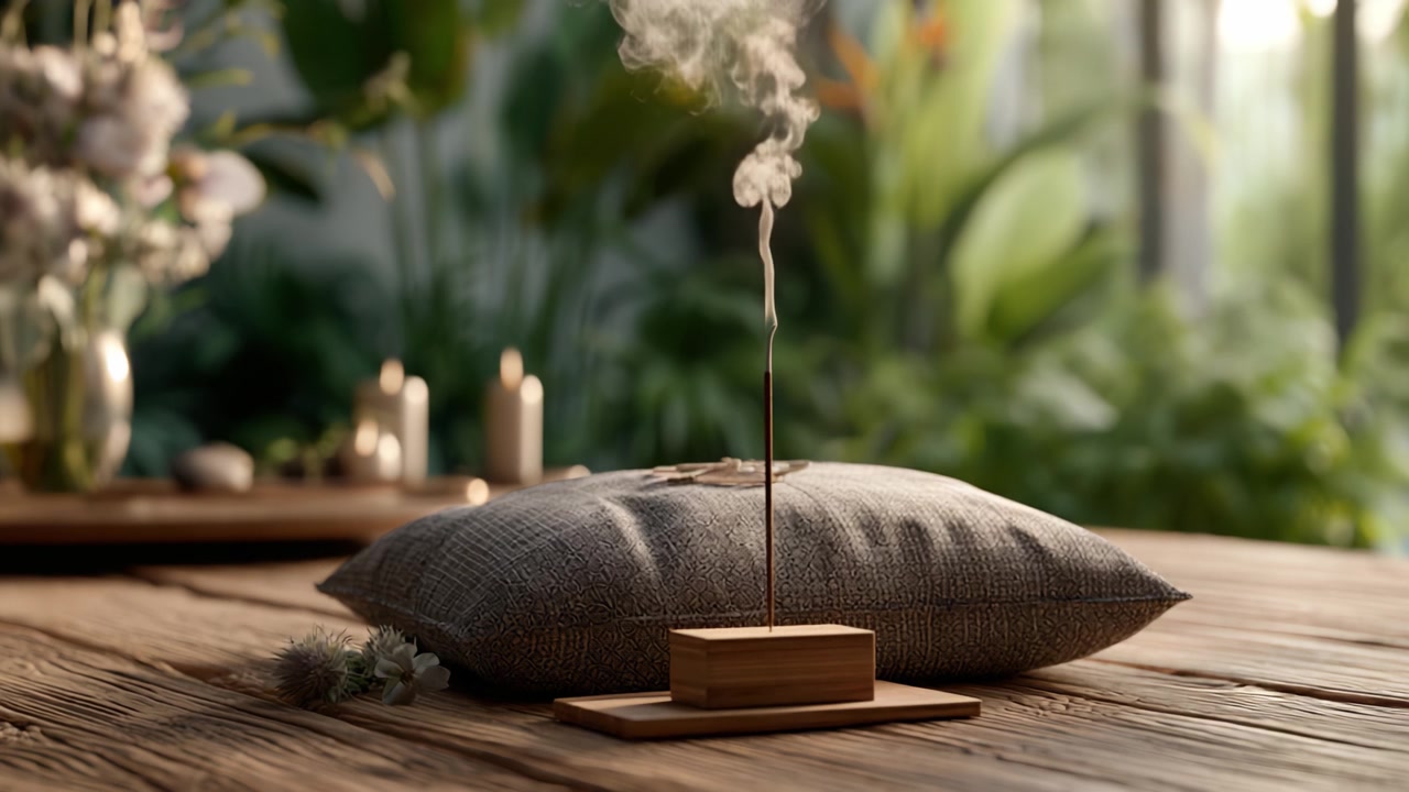 Una scena tranquilla con un bastoncino d'incenso che emette delicati sbuffi di fumo, posizionato su un cuscino testurizzato, circondato da una vegetazione lussureggiante e luce soffusa e naturale.