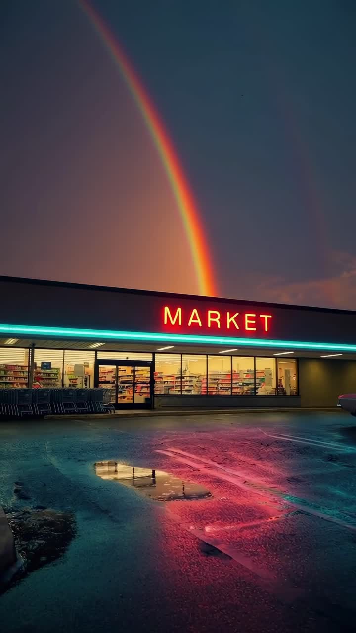Neonbelyst marked under en regnbue i skumringen, fanget fra lav vinkel.