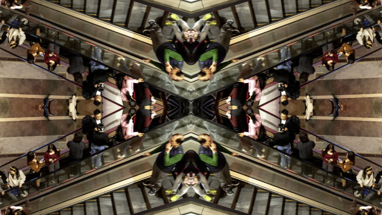 Abstract Kaleidoscope View of People Moving on Escalators