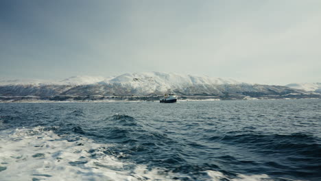 cinematic wide static shot of boat cruise sailing along the arctic fjords in norway