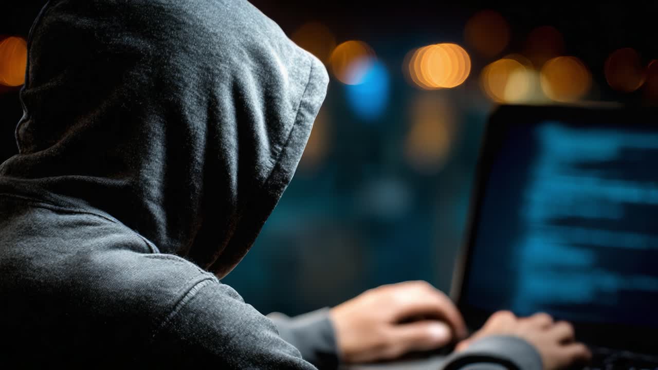 Intriguing Glimpse into the World of Cybersecurity: A Mysterious Figure Engaged in Computer Activity Under Dim Lights