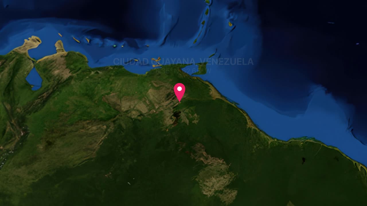 A 2D satellite map animation zooms from a global view into Ciudad Guayana, Venezuela