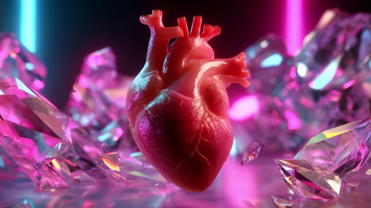 A stunning visual representation of a human heart surrounded by shimmering crystal-like formations, illuminated by vibrant neon lights, creating a striking contrast of organic and synthetic beauty