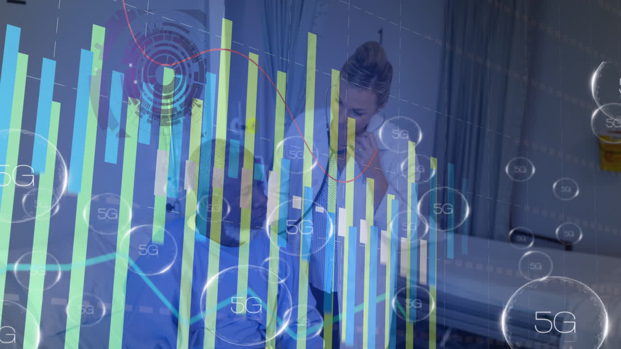 Discussing patient data, healthcare professionals using 5G tech with animation graphs