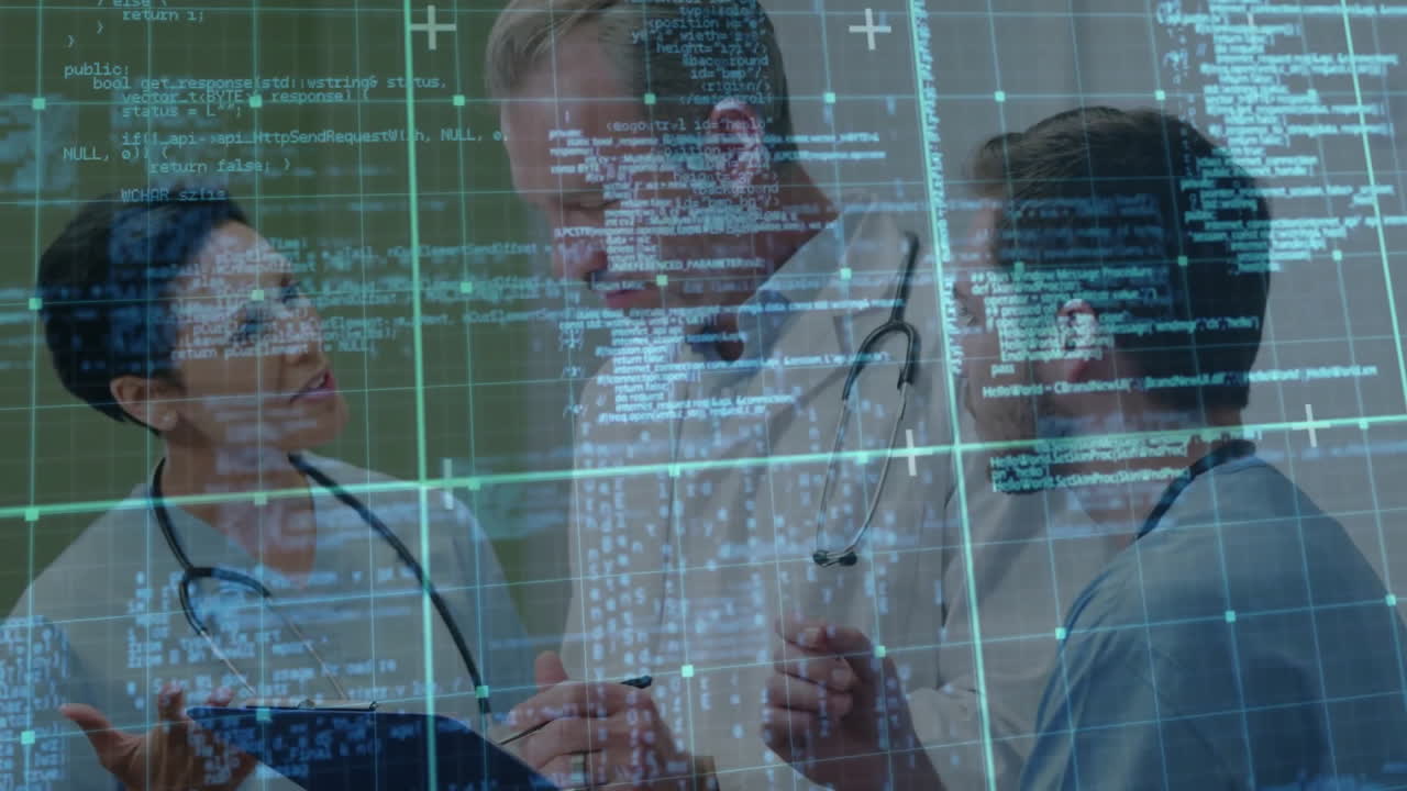 Animation of data processing over caucasian doctors talking and using tablet