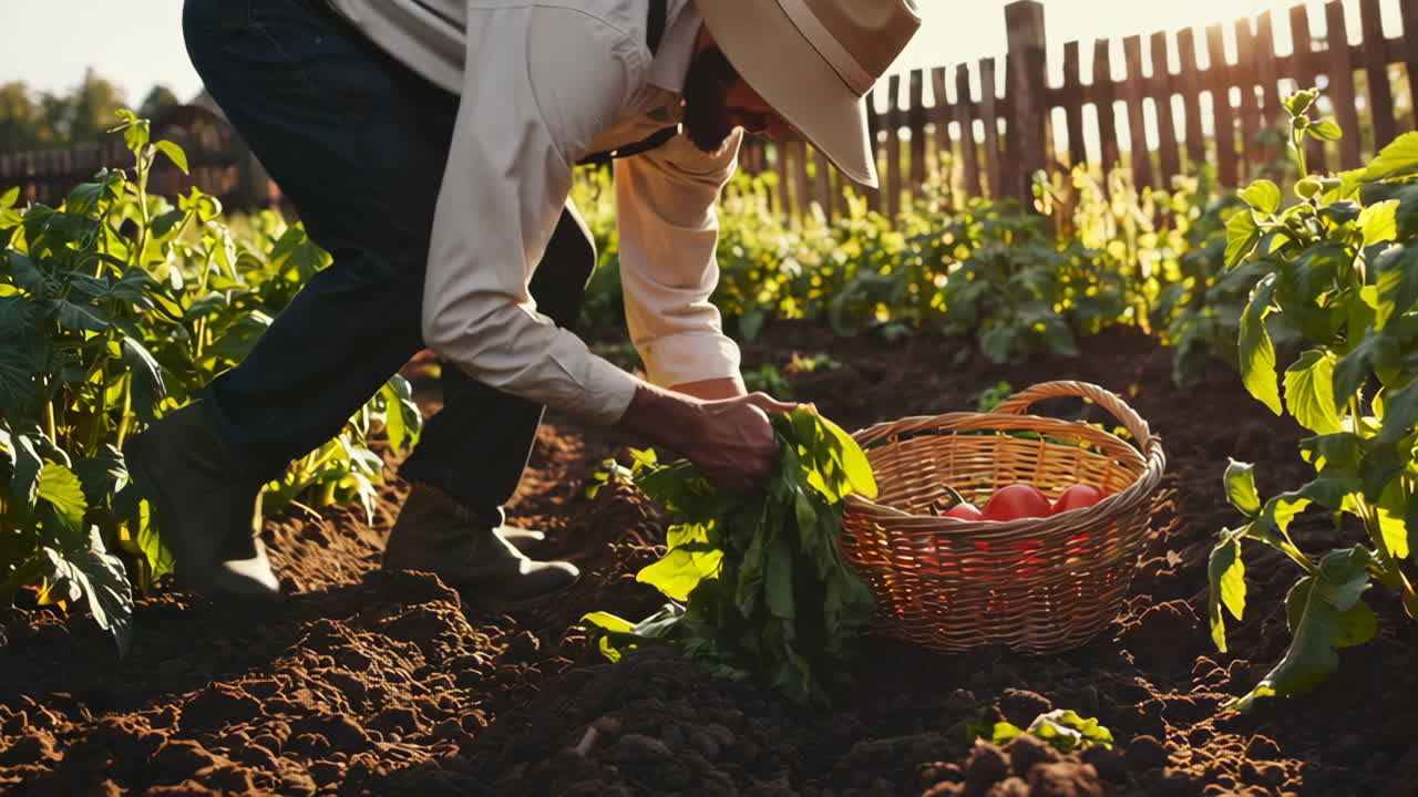 Farmer Harvesting Tomatoes in a Garden